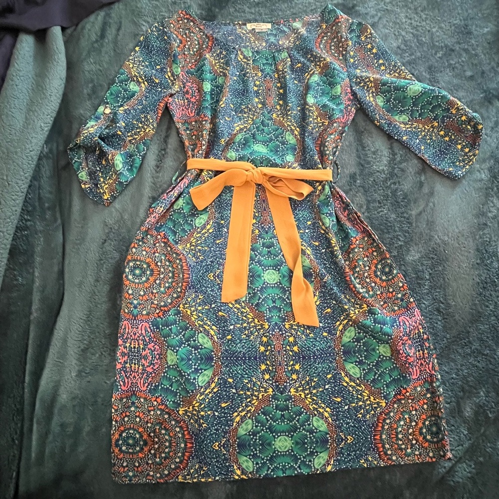Ezra Multicolor 3/4 Sleeve Dress with Yellow Belt Tie size M